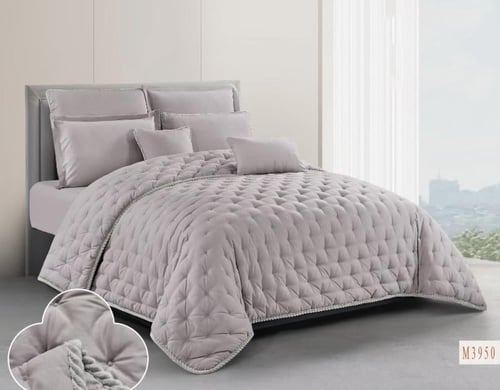 مفرش روزا مطرز لون رصاصي فاتح 5 قطع صيفي مفرد ونصف