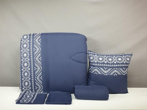 مفرش ايسل كحلي مطرز 5 قطع صيفي مفرد ونصف