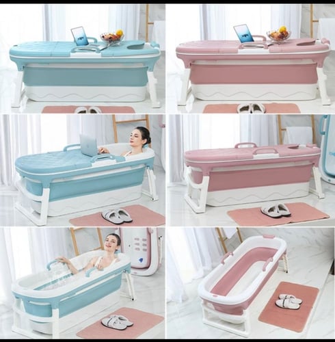 بانيو متنقل قابل للطي / وردي مع مخدة اسفنج مجانا