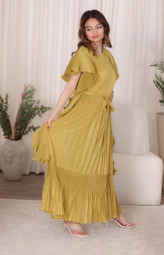 فستان فستقي بحزام خصر موديل كسرات من بلاك وينج – ل...