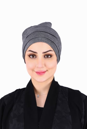 توربان آسيا متعدد الثنيات بقماش قطن رصاصي غامق مخط...