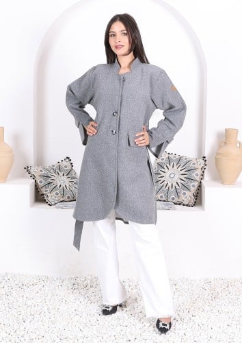 جاكيت جوخ رصاصي بحزام خصر