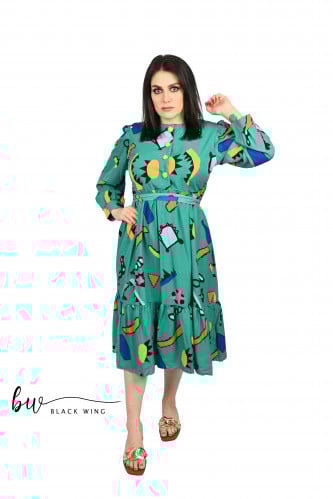 فستان قطن مطبوع متوسط الطول