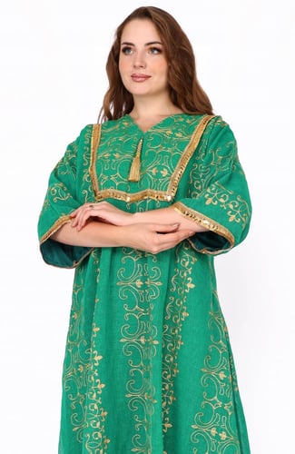 جلابية أنيقة تطريز كامل ذهبي | أخضر
