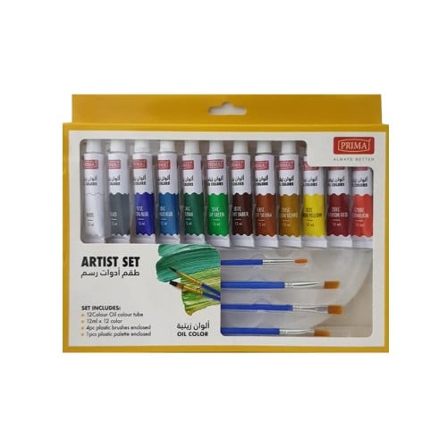 طقم ألوان زيتية عصار 12 لون 12 مل مع 4 ريش وبالته...