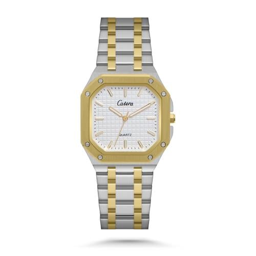 ساعة رجالية ستانلس ستيل بتصميم فاخر بلون فضي وذهبي