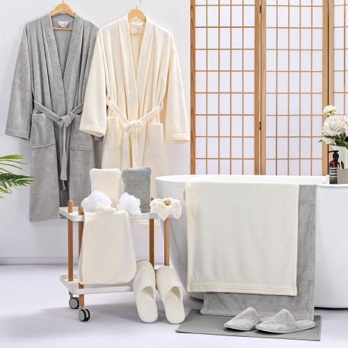 Bathrobe set 14 pieces beige & gray