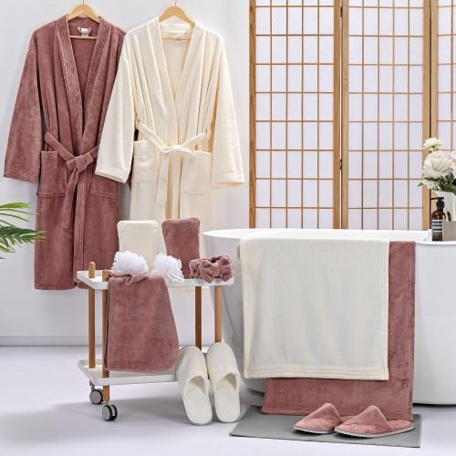 Bathrobe set 14 pieces beige & maroon