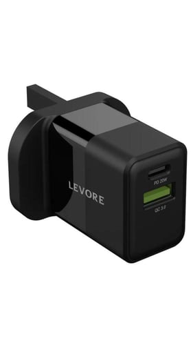 شاحن جداري ليفوري بمنفذ USB-C ومنفذ USB وبقوة 20 و...