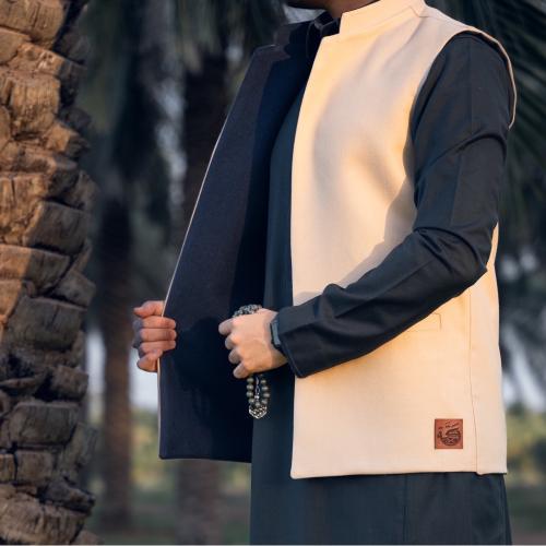 Beige and navy blue embroidered traditional cloak