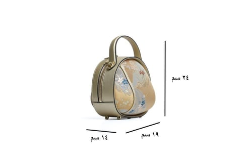 شنطة يد صغيرة دائرية ذهبية حرير وجلد طبيعي