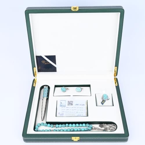 Luxury men's gift — Turquoise set 925 alloy with prayer bead and ring and cufflink inside a luxurious box