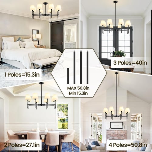 ثريا بيضاء وإطار معدني أسود مكونة من 4+8 قطع إضاءة