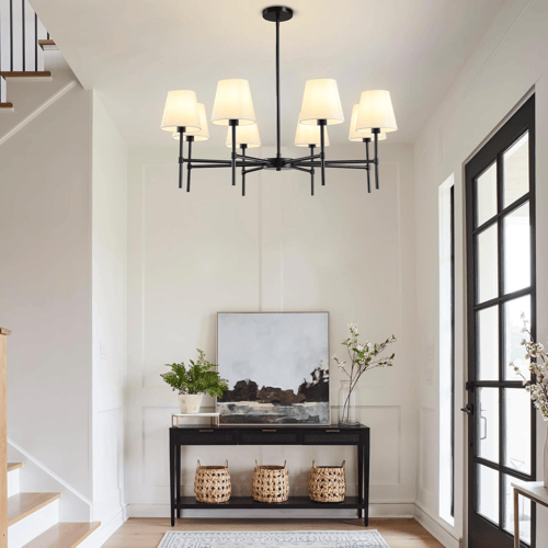 ثريا بيضاء وإطار معدني أسود مكونة من 4+8 قطع إضاءة