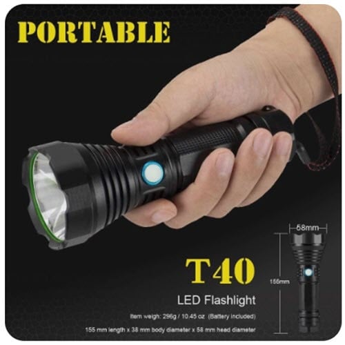 مصباح يدوي SST40 LED قوي للغاية مع بطارية مدمجة