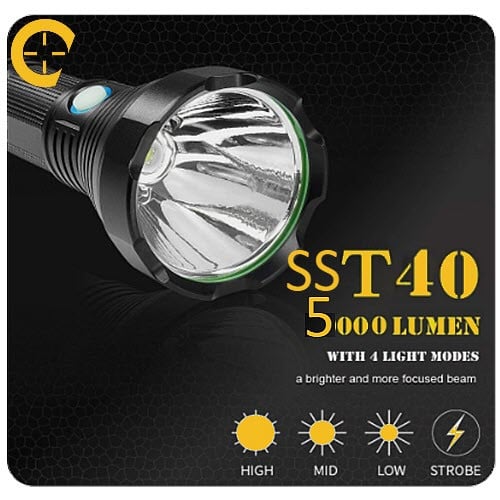 مصباح يدوي SST40 LED قوي للغاية مع بطارية مدمجة