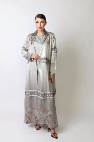 Silvery color silk crepe abaya with button closure