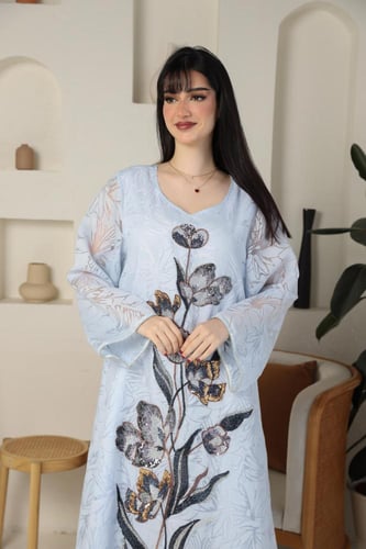 جلابيه نسائيه بلوكار على تطوير انيقه لون سماوي