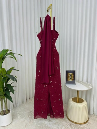 فستان سهره نسائي مطرز خرز لون اسود عودي