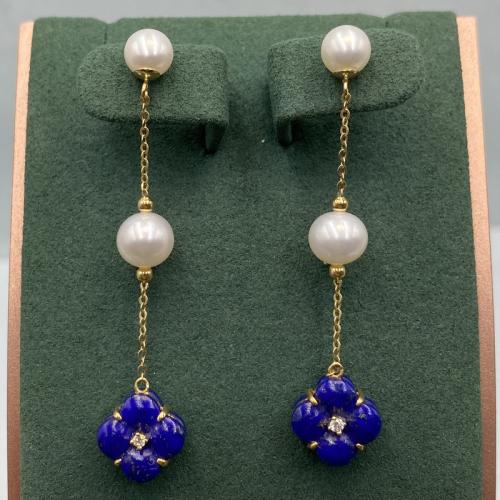 حلق الماس طويل لؤلؤ على حجر لابيز بوزن 0.06 قيراط