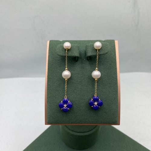 حلق الماس طويل لؤلؤ على حجر لابيز بوزن 0.06 قيراط