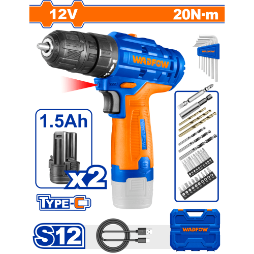 12-volt battery drill with case and bits WADFOW WC...