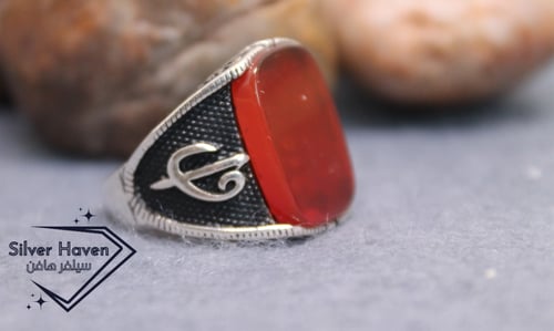 خاتم رجالي فضه استرليني مرصع بالعقيق