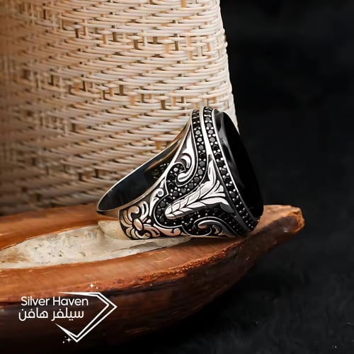 خاتم رجالي فضه استرليني مرصع بالعقيق