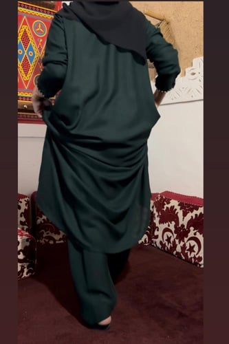 جلابية فستان وسروال طويل واسع بكرسي اللون زيتي أخض...