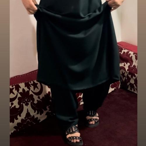 جلابية فستان وسروال طويل واسع بكرسي اللون زيتي أخض...