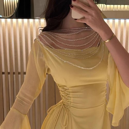 فستان أصفر شيفون طويل