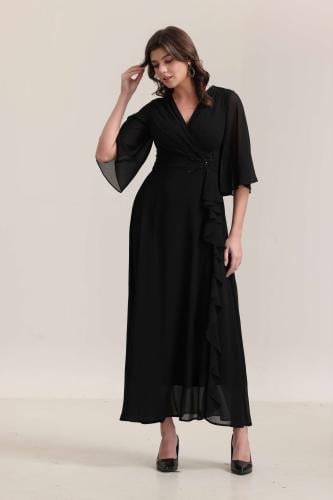 فستان جرجيت مطرز الكتف والخصر اسود