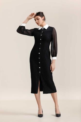 فستان اسود دانتيل زرار مشكل