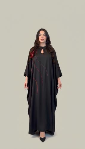 جلابية اسود مطرز ورد