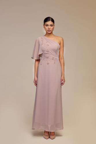 فستان وردي شيفون مطرز الخصر