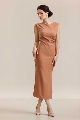 فستان بني كت زم جنب مطرز