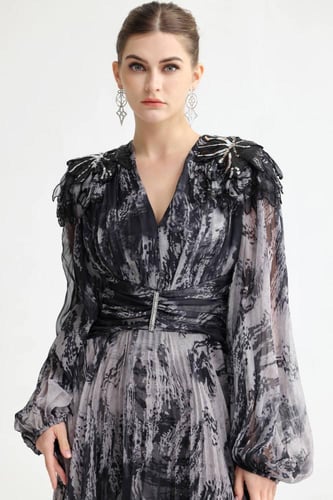 فستان شيفون مشجر مطرز كتف