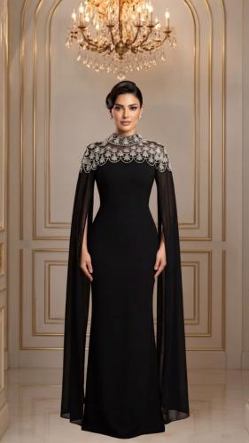 فستان أسود طويل ذو أكمام مرصع