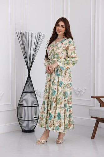 جلابية رايون قطن منقوش بتطريز على الصدر