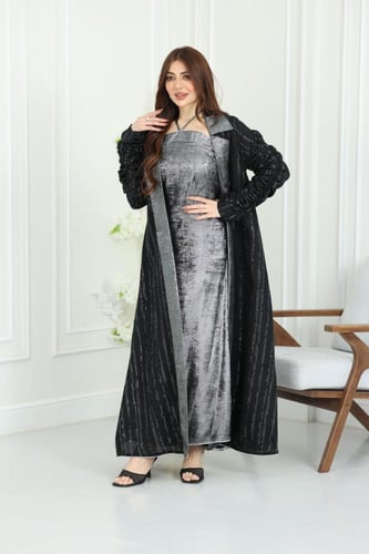 جلابية لينن كويتية قطعتين مطرزة بالترتر مع بطانة س...