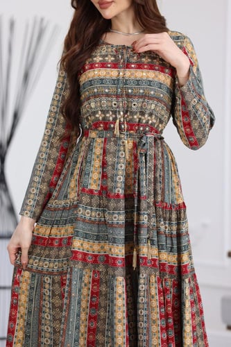 جلابية رايون قطن منقوش بتطريز على الصدر