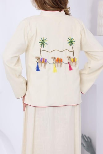 جلابية لينن قطعتين مع جاكيت بتطريز يدوي من الخلف