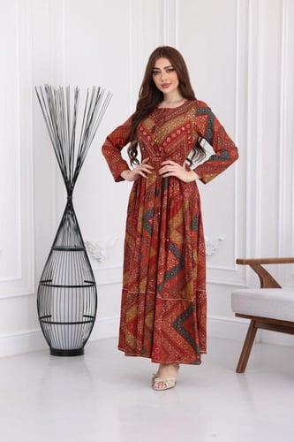 جلابية رايون قطن منقوش بتطريز على الصدر