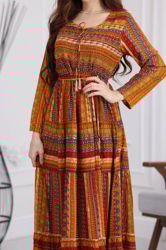 جلابية رايون قطن منقوش بتطريز على الصدر