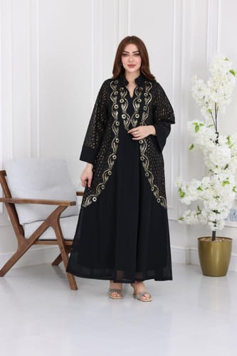 جلابية شيفون مطرزة بخيوط ذهبية فاخرة مع بطانة داخل...