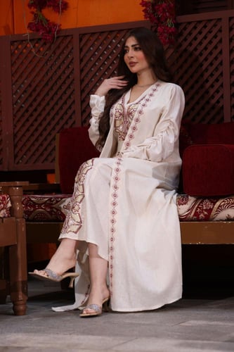 جلابية كويتية لينن قطعتين بتطريز يدوي