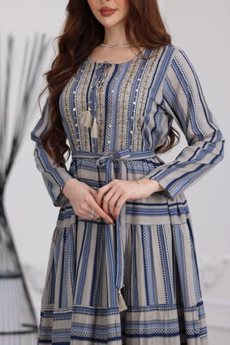 جلابية رايون قطن منقوش بتطريز خفيف على الصدر