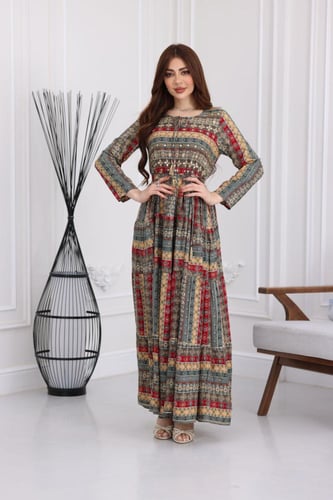 جلابية رايون قطن منقوش بتطريز على الصدر