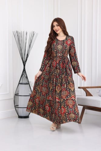 جلابية رايون قطن منقوش بتطريز خفيف على الصدر