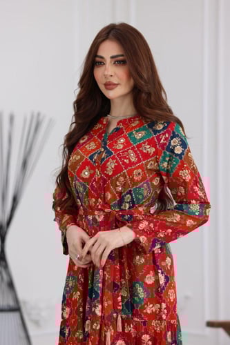 جلابية رايون قطن منقوش بتطريز خفيف على الصدر